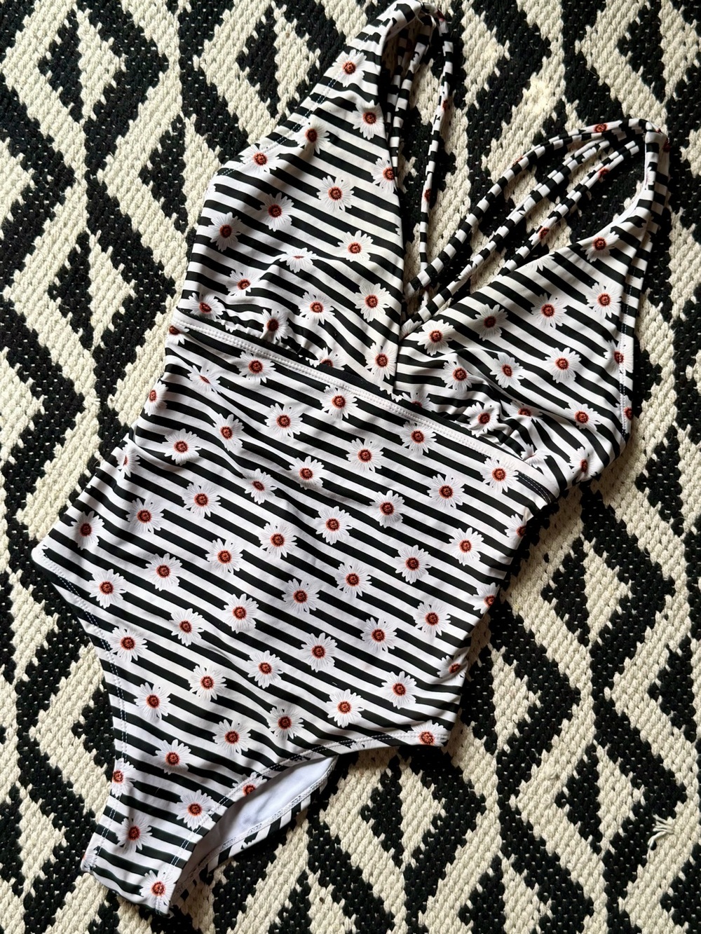 Black & White Daisy Print Stripe One-Piece Swimsuit